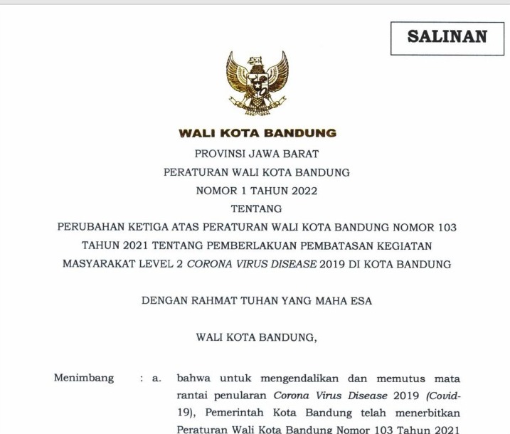 Cover Peraturan Wali Kota Bandung Nomor 1 Tahun 2022 tentang Perubahan Ketiga Atas Peraturan Wali Kota Bandung Nomor 103 Tahun 2021 tentang Pemberlakuan Pembatasan Kegiatan Masyarakat Level 2 Corona Virus Disease 2019 Di Kota Bandung