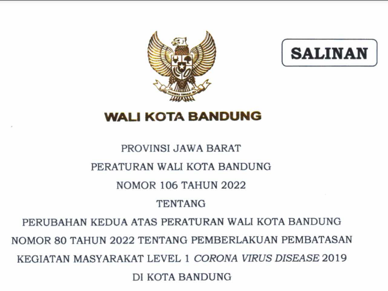 Cover Peraturan Wali Kota Bandung Nomor 106 tentang Perubahan Kedua Atas Peraturan Wali Kota Bandung Nomor 80 Tahun 2022 tentang Pemberlakuan Pembatasan Kegiatan Masyarakat Level 1 Corona Virus Disease 2019 di Kota Bandung