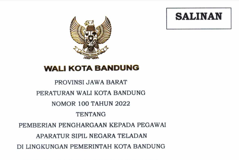 Cover Peraturan Wali Kota Bandung Nomor 100 Tahun 2022 tentang Pemberian Penghargaan Kepada Pegawai Aparatur Sipil Negara Teladan di Lingkungan Pemerintah Kota Bandung