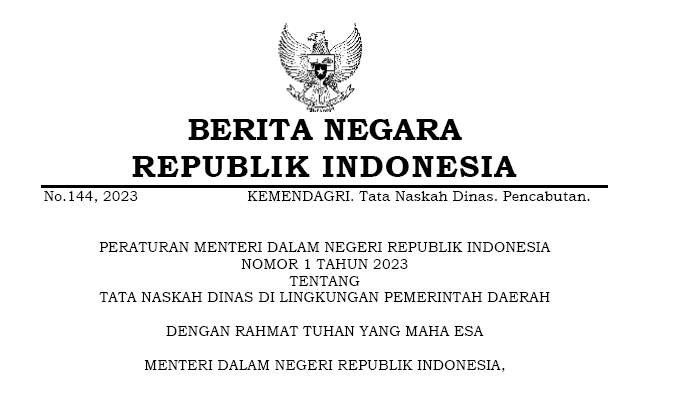 Cover Peraturan Menteri Dalam Negeri Republik Indonesia Nomor 1 Tahun 2023 tentang Tata Naskah Dinas Dilingkungan Pemerintah Daerah