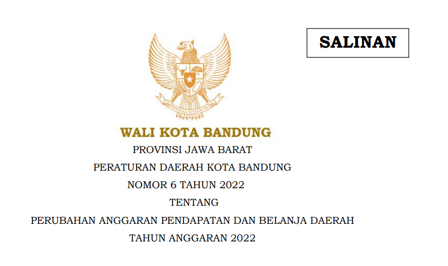 Cover Peraturan Daerah Kota Bandung Nomor 6 Tahun 2022 tentang Perubahan Anggaran Pendapatan dan belanja Daerah Tahun Anggaran 2022