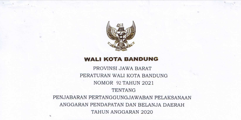 Cover Peraturan Wali Kota Nomor 92 Tahun 2021 Tentang Penjabaran Pertanggungjawaban Pelaksanaan Anggaran Pendapatan Dan Belanja Daerah Tahun Anggaran 2020