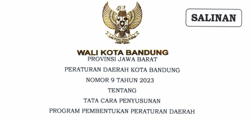 Cover Peraturan Daerah Kota Bandung Nomor 9 Tahun 2023 tentang Tata Cara Penyusunan Program Pembentukan Peraturan Daerah