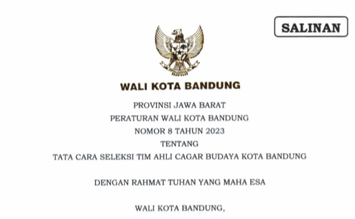 Cover Peraturan Wali Kota Bandung Nomor 8 Tahun 2023 tentang Tata Cara Seleksi Tim Ahli Cagar Budaya Kota Bandung