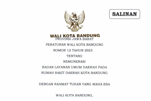 Cover Peraturan Wali Kota Bandung Nomor 12 Tahun 2023 tentang Remunerasi Badan Layanan Umum Daerah Pada Rumah Sakit Daerah Kota Bandung