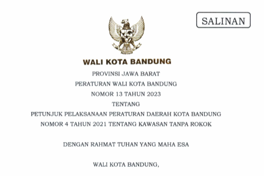 Cover Peraturan Wali Kota Bandung Nomor 13 Tahun 2023 tentang Petunjuk Pelaksanaan Peraturan Daerah Kota bandung Nomor 4 Tahun 2021 tentang Kawasan Tanpa Rokok