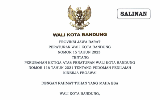 Cover Peraturan Wali Kota Bandung Nomor 15 Tahun 2023 tentang Perubahan Ketiga Atas Peraturan Wali Kota Bandung Nomor 116 Tahun 2021 tentang Pedoman Penilaian Kinerja Pegawai