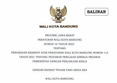 Cover Peraturan Wali Kota Bandung Nomor 16 Tahun 2023 tentang Perubahan Keempat atas Peraturan Wali Kota Bandung Nomor 115 Tahun 2021 tentang Pedoman Penilaian Kinerja Pegawai Pemerintah dengan Perjanjian Kinerja