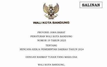 Cover Peraturan Wali Kota Bandung Nomor 19 Tahun 2023 tentang rencana kerja Pemerintah Daerah Tahun 2024