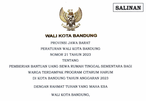 Cover Peraturan Wali Kota Bandung Nomor 21 Tahun 2023 tentang  Pemberian Bantuan Uang Sewa Rumah Tinggal Sementara Bagi Warga Terdampak Program Citarum Harum Di Kota Bandung Tahun Anggaran 2023