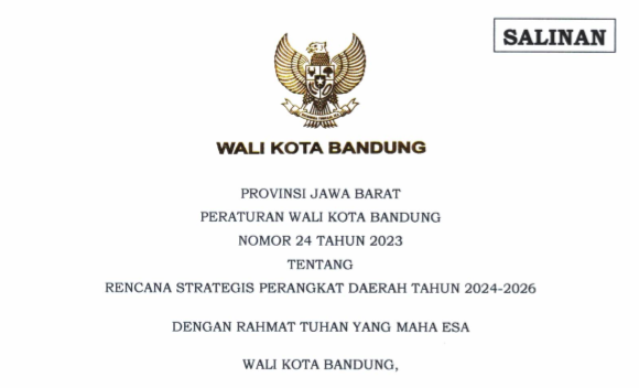 Cover Peraturan Wali Kota Bandung Nomor 24 Tahun 2023 tentang Rencana Strategis Perngkat Daerah Tahun 2024-2026