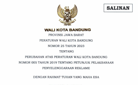 Cover Peraturan Wali Kota Bandung Nomor 25 Tahun 2023 tentang Perubahan Atas Peraturan Wali Kota Bandung  Nomor 005 Tahun 2019 tentang Petunjuk Pelaksanaan Penyelenggaraan Reklame