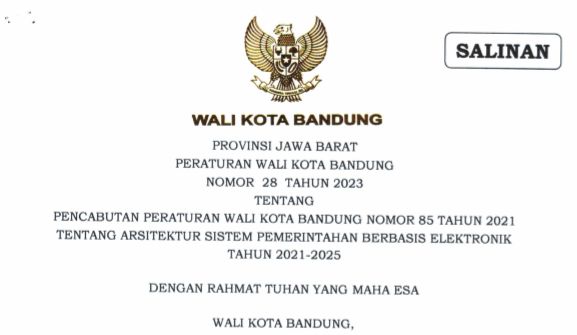 Cover Peraturan Wali Kota Bandung Nomor 31 Tahun 2023 tentang Perubahan Atas Peraturan Wali Kota Bandung Nomor 106 Tahun 2021 tentang Peta Rencana Sistem Pemerintahan Berbasis Elektronik Tahun 2021