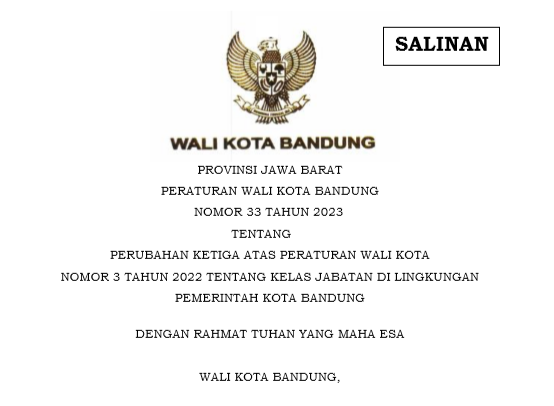 Cover Peraturan Wali Kota Bandung Nomor 33 Tahun 2023 tentang Perubahan Ketiga atas Peraturan Wali Kota Bandung Nomor 3 Tahun 2022 tentang Kelas Jabatan di Lingkungan Pemerintah Kota Bandung