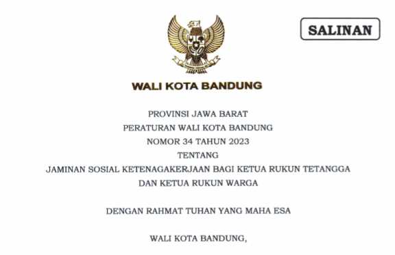 Cover Peraturan Wali Kota Bandung 34 Tahun 2023 tentang Jaminan Sosial Ketenagakerjaan Bagi Ketua Rukum Tentangga dan Ketua Rukun Warga
