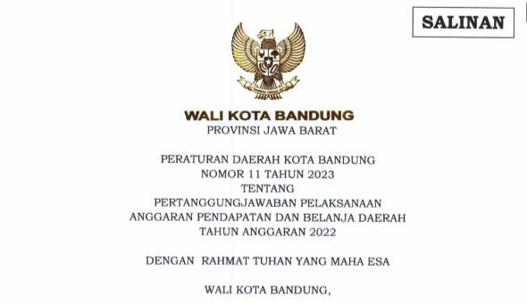 Cover Peraturan Daerah Kota Bandung Nomor 11 Tahun 2023 tentang Pertanggungjawaban Pelaksanaan Anggaran Pendapatan dan Belanja Daerah Tahun Anggaran 2022