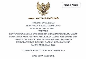 Cover Peraturan Wali Kota Bandung Nomor 39 Tahun 2023 tentang Bantuan Pendidikan Bagi Peserta Didik Rawan Melanjutkan Pendidikan Pada Jenjang Pendidikan Dasar, Menengah, dan Perguruan Tinggi yang Bersumber Dari Anggaran Pendapatan dan belanja Daerah Kota Bandung Tahun Anggaran 2023