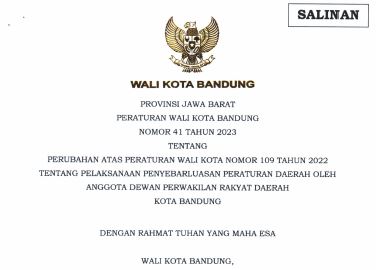 Cover Peraturan Wali Kota Bandung Nomor 41 Tahun 2022 tentang Perubahan Atas Peraturan Wali Kota Nomor 109 Tahun 2022 tentang Pelaksanaan Penyebarluasan Peraturan Daerah Oleh Anggota Dewan Perwakilan Rakyat Daerah Kota Bandung
