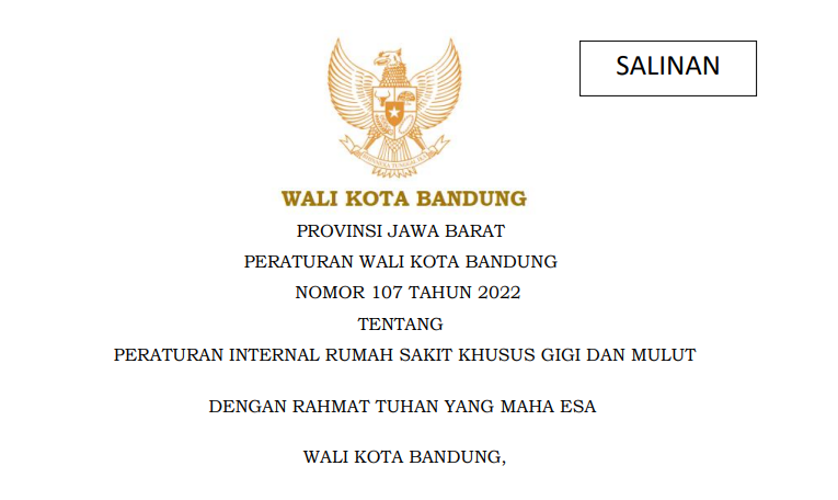 Cover Peraturan Wali Kota Bandung Nomor 107 Tahun 2022 tentang Peraturan Internal Rumah Sakit Khusus Gigi Dan Mulut