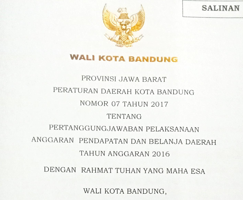 Cover Peraturan Daerah Kota Bandung Nomor 7 Tahun 2017 Pertanggung Jawaban Pelaksanaan Anggaran Pendapatan Dan Belanja Daerah Tahun Anggaran 2016