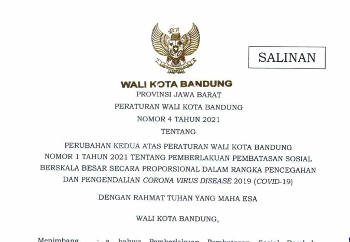 Cover Peraturan Wali Kota Bandung Nomor 4 Tahun 2021 tentang Perubahan Kedua Atas Peraturan Wali Kota Bandung Nomor 1 Tahun 2021 tentang Pemberlakuan Pembatasan Sosial Berskala Besar Secara Proporsional Dalam Rangka Pencegahan Dan Pengendalian Covid 19