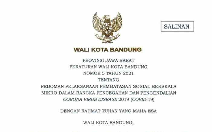 Cover Peraturan Wali Kota Bandung Nomor 5 Tahun 2021 Tentang Pedoman Pelaksanaan Pembatasan Sosial Berskala Mikro Dalam Rangka Pencegahan Dan Pengendalian Covid 19