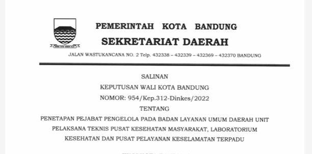 Cover Keputusan Wali Kota Bandung Nomor 954/Kep.312-Dinkes/2022 tentang Penetapan Pejabat Pengelola Pada Badan Layanan Umum Daerah Unit Pelaksana Pusat Kesehatan Masyarakat, Laboratorium  Kesehatan Dan Pusat Pelayanan Kesehatan Terpadu