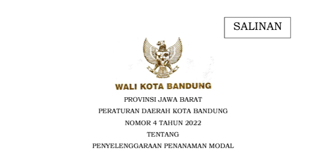 Cover Peraturan Daerah Kota Bandung Nomor 4 Tahun 2022 tentang Penyelenggaraan Penanaman Modal