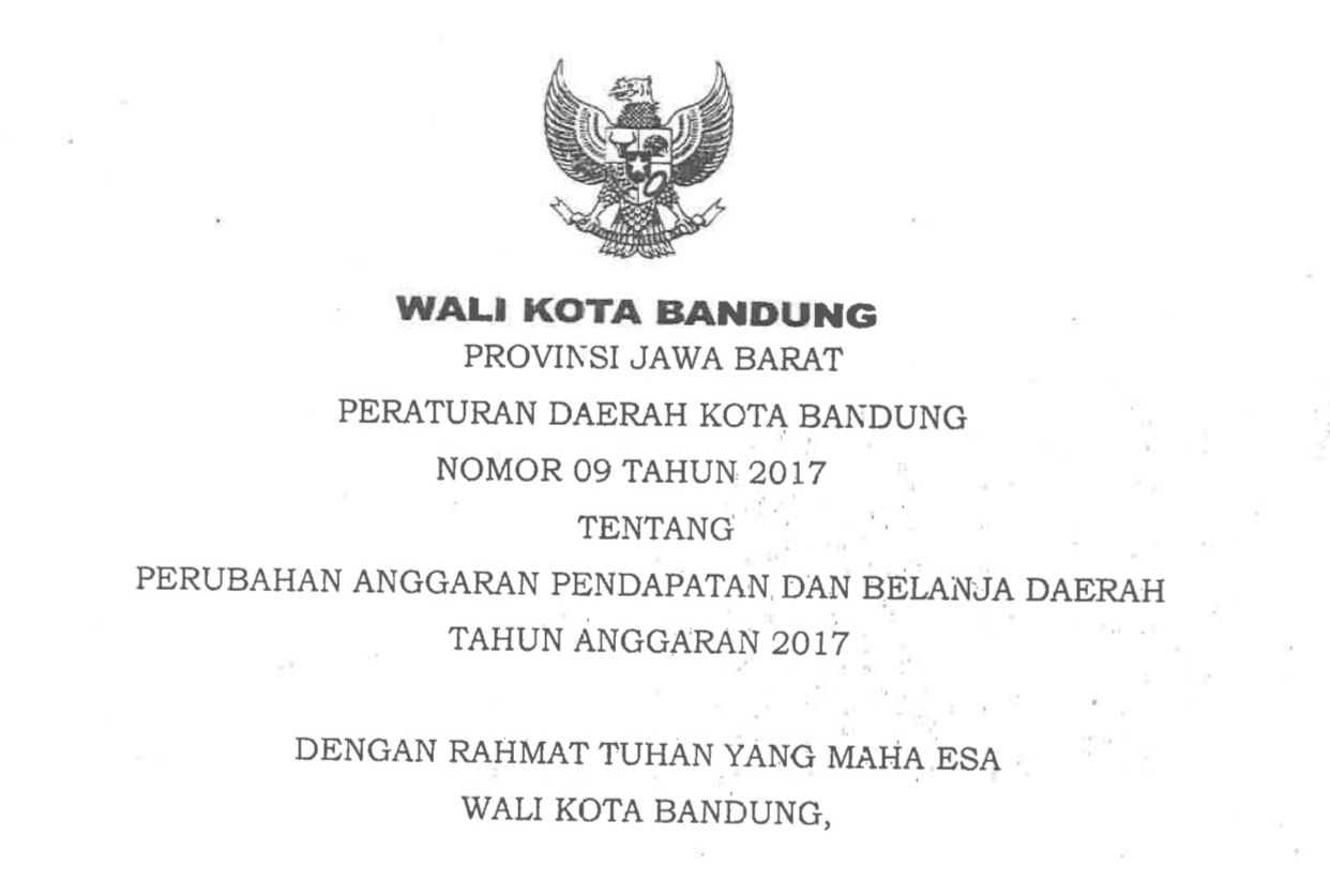 Cover Peraturan Daerah Kota Bandung Nomor 9 Tahun 2017 Perubahan Anggaran Dan Belanja Daerah Tahun Anggaran 2017