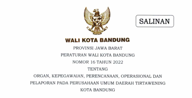 Cover Peraturan Wali Kota Bandung Nomor 16 Tahun 2022 tentang Organ, Kepegawaian, Perencanaan, Operasional dan Pelaporan Pada Perusahaan Umum Daerah Tirtawening Kota Bandung