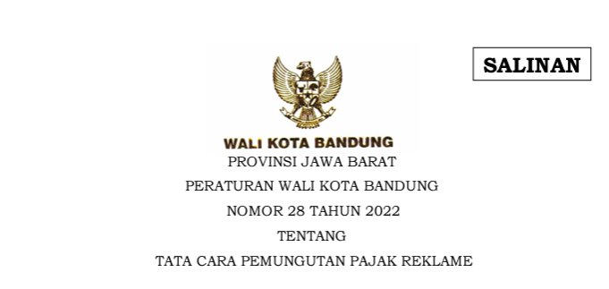 Cover Peraturan Wali Kota Bandung Nomor 28 Tahun 2022 tentang Tata Cara Pemungutan Pajak Reklame