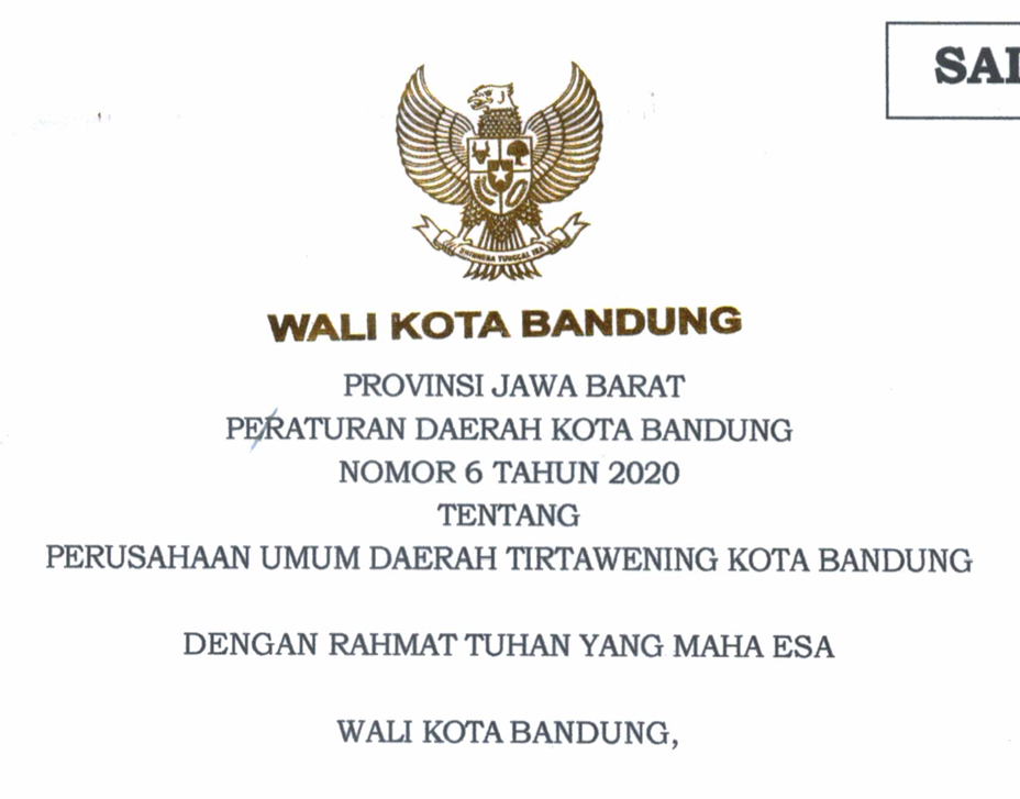 Cover Peraturan Daerah Nomor 6 Tahun 2020 Perusahaan Umun Daerah Tirtawening Kota Bandung