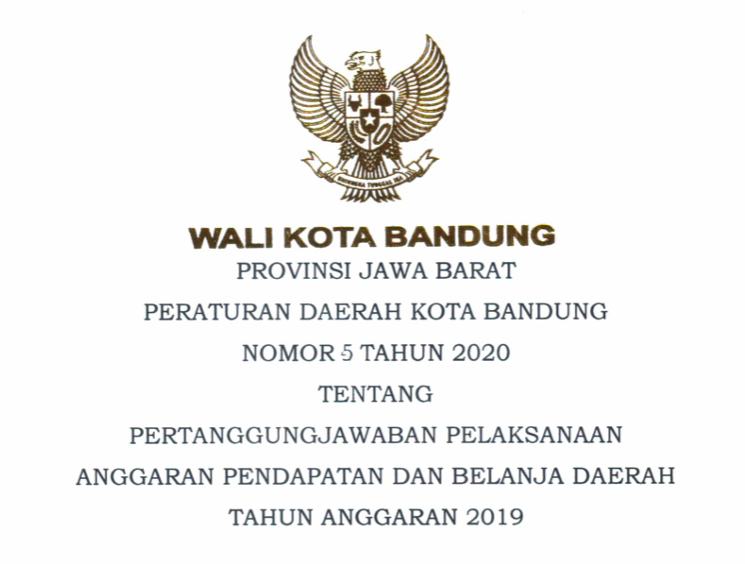 Cover Peraturan Daerah Kota Bandung Nomor 5 Tahun 2020 Pertanggung Jawaban Pelaksanaan (PJP) Anggaran Pendapatan Dan Belanja Daerah (APBD) 2019