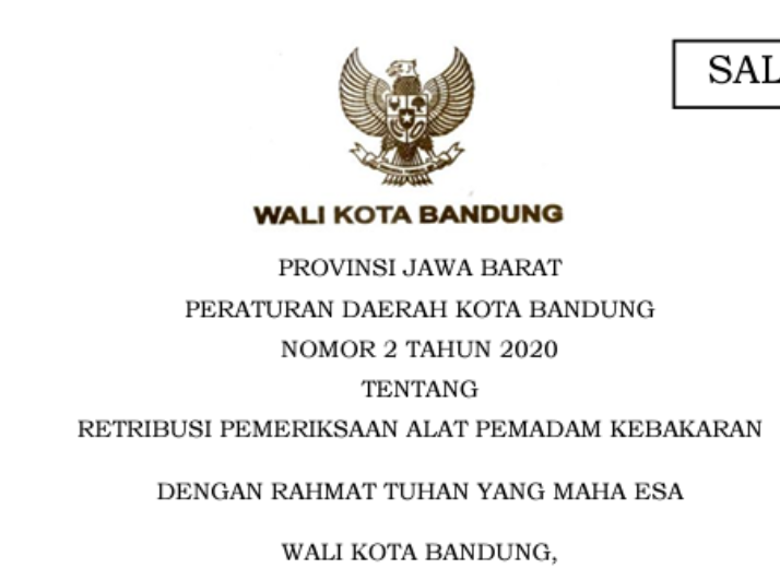 Cover Peraturan Daerah Kota Bandung Nomor 2 Tahun 2020 Retribusi Pemeriksaan Alat Pemadam Kebakaran