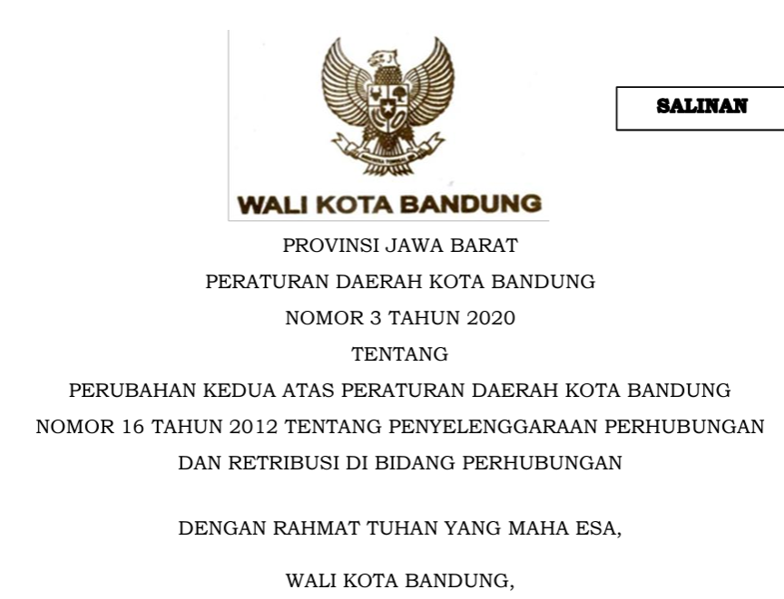 Cover Peraturan Daerah Kota Bandung Nomor 3 Tahun 2020 Perubahan Kedua Atas Peraturan Daerah Kota Bandung Nomor 16 Tahun 2012 Tentang Penyelenggaraan Perhubungan Dan Retribusi Dibidang Perhubungan