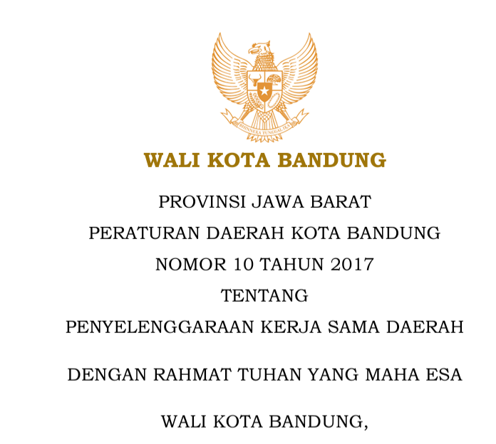 Cover Peraturan Daerah Kota Bandung Nomor 10 Tahun 2017 Penyelenggaraan Kerjasama Daerah