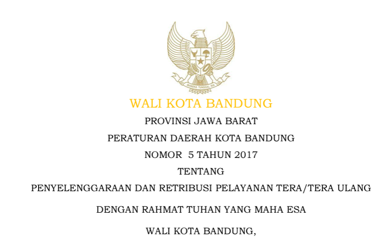 Cover Peraturan Daerah Kota Bandung Nomor 5 Tahun 2017 Penyelenggaraan Dan Retribusi Pelayanan Tera/Tera Ulang