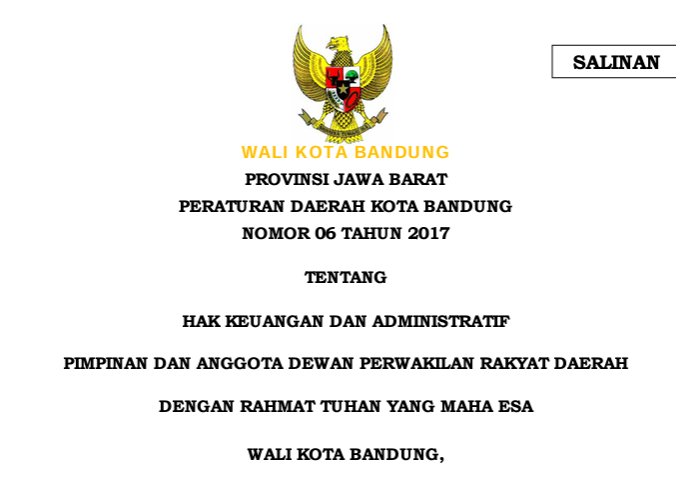 Cover Peraturan Daerah Kota Bandung Nomor 6 Tahun 2017 Hak Keungan Dan Administratif Pimpinan Dan Anggota Dewan Perwakilan Rakyat Daerah