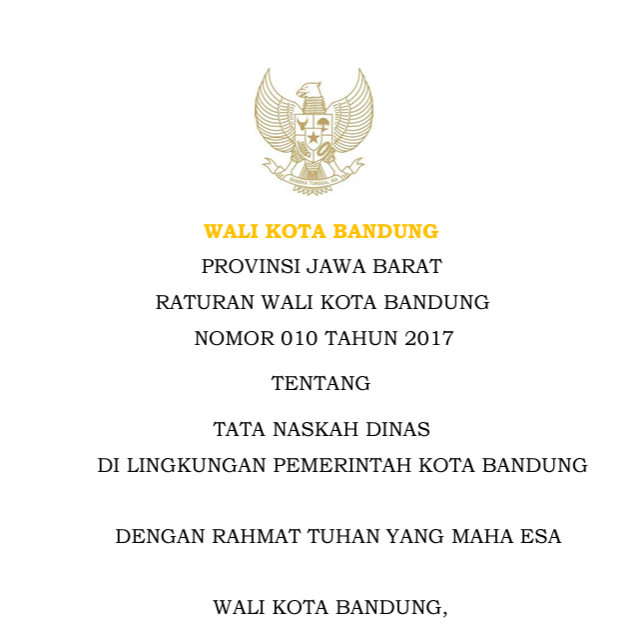 Cover Peraturan Wali Kota Bandung Nomor 010 Tahun 2017 Tata Naskah Dinas di Lingkungan Pemerintah Kota Bandung