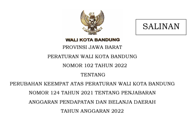Cover Peraturan Wali Kota Nomor 102 Tahun 2022 Perubahan Keempat atas Peraturan Wali Kota Bandung Nomor 124 Tahun 2021 Tentang Penjabaran Anggaran Pendapatan dan Belanja Daerah Tahun Anggaran 2022