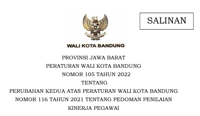 Cover Peraturan Wali Kota Bandung Nomor 105 tentang Perubahan Kedua atas Peraturan Wali Kota Bandung Nomor 116 Tahun 2021 Tentang Pedoman Penilaian Kinerja Pegawai