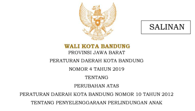 Cover Peraturan Daerah Kota Bandung Nomor 4 Tahun 2019 tentang Perubahan Atas Peraturan Daerah Kota Bandung Nomor 10 Tahun 2012 Tentang Penyelenggaraan Perlindungan Anak