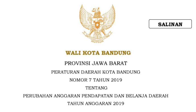 Cover Peraturan Daerah Kota Bandung Nomor 7 Tahun 2019 tentang Perubahan Anggaran Pendapatan Dan Belanja Daerah Tahun Anggaran 2019