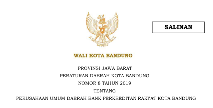 Cover Peraturan Daerah Kota Bandung Nomor 8 Tahun 2019 tentang Perusahaan Umum Daerah Bank Perkreditan Rakyat Kota Bandung