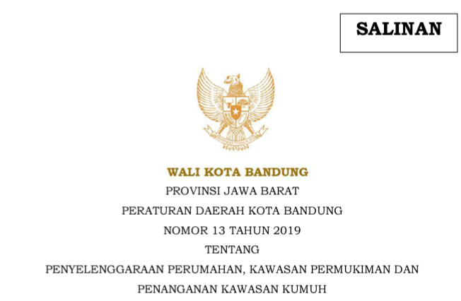 Cover Peraturan Daerah Kota Bandung Nomor 13 Tahun 2019 tentang Penyelenggaraan Perumahan, Kawasan Permukiman Dan Penanganan Kawasan Kumuh.