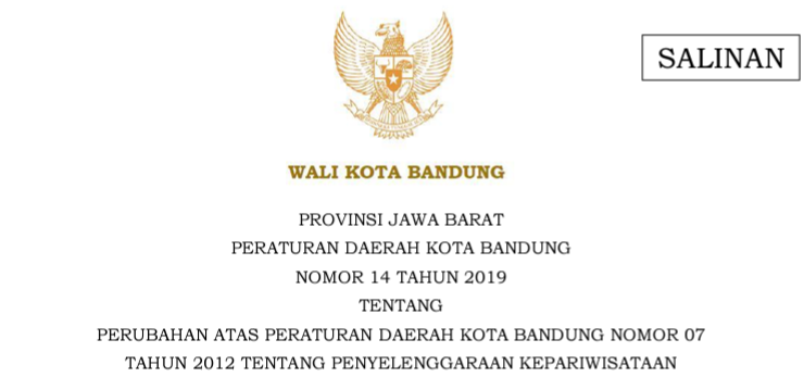 Cover Peraturan Daerah Kota Bandung Nomor 14 Tahun 2019 tentang Perubahan Atas Peraturan Daerah Kota Bandung Nomor 07 Tahun 2012 Tentang Penyelenggaraan Kepariwisataan