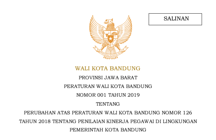 Cover Peraturan Wali Kota Bandung Nomor 1 Tahun 2019 tentang Perubahan Atas Peraturan Wali Kota Bandung Nomor 126 Tahun 2018 Tentang Penilaian Kinerja Pegawai Di Lingkungan Pemerintah Kota Bandung