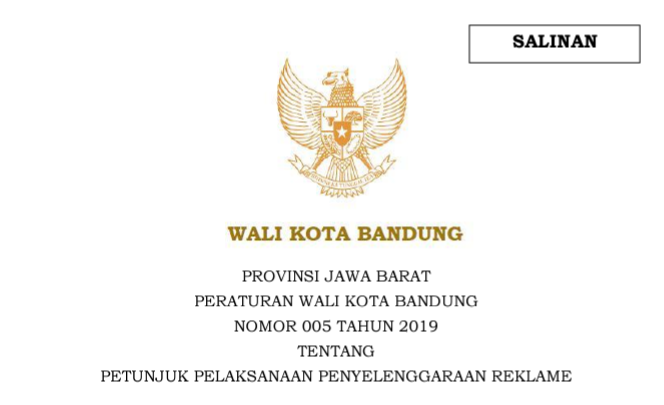 Cover Peraturan Wali Kota Bandung Nomor 5 Tahun 2019 tentang Petunjuk Pelaksanaan Penyelenggaraan Reklame