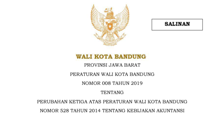 Cover Peraturan Wali Kota Bandung Nomor 8 Tahun 2019 tentang Perubahan Ketiga Atas Peraturan Wali Kota Bandung Nomor 528 Tahun 2014 Tentang Kebijakan Akuntansi