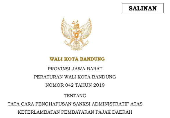 Cover Peraturan Wali Kota Bandung Nomor 42 Tahun 2019 tentang Tata Cara Penghapusan Sanksi Administratif Atas Keterlambatan Pembayaran Pajak Daerah